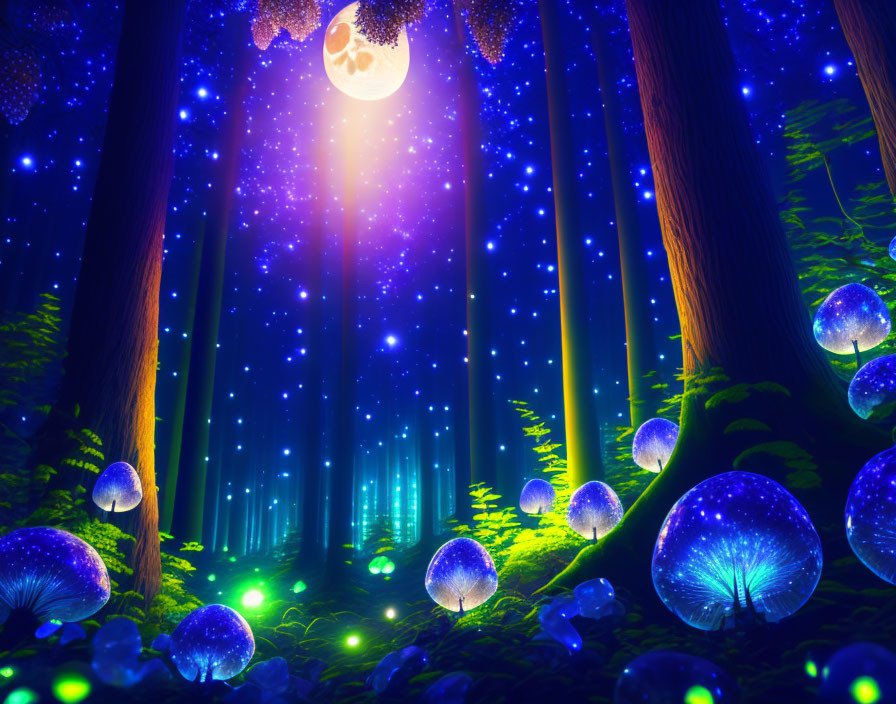 Enchanting night forest scene with bioluminescent mushrooms and radiant moon