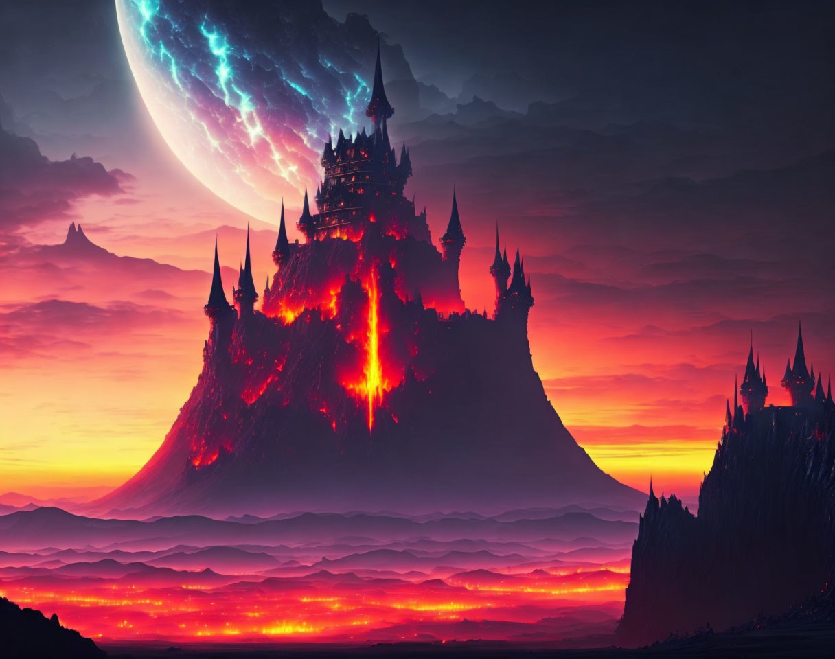 Glowing castle on volcanic mountain under massive moon in red and purple sky