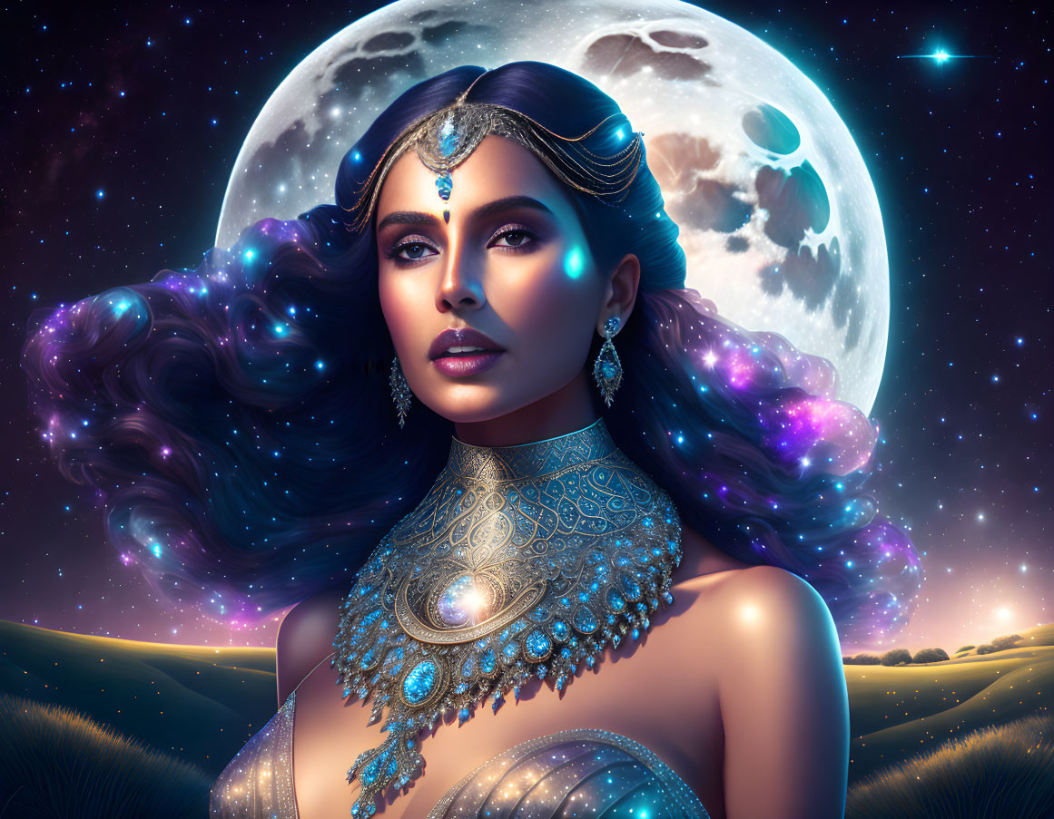 Digital artwork: Woman with cosmic hair, moon, twilight sky.