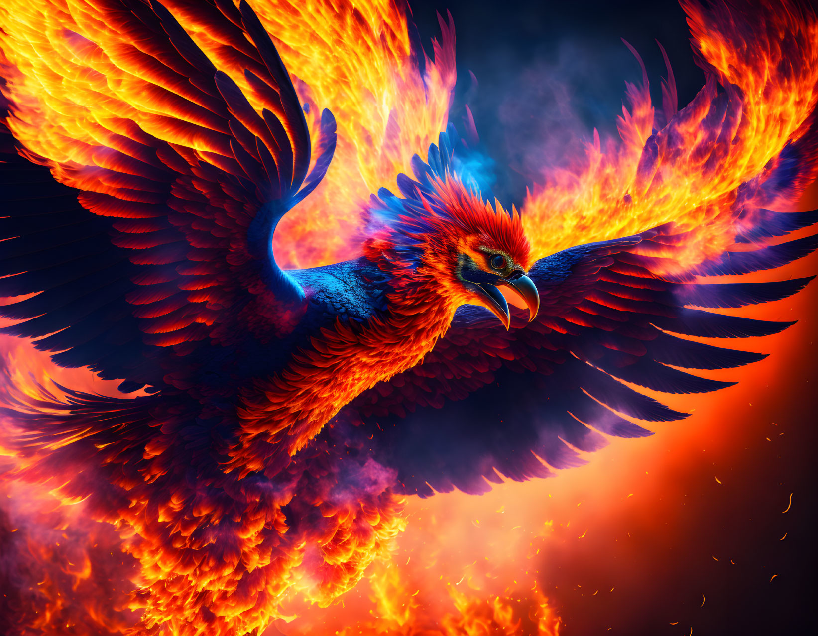 Vibrant orange and red fiery phoenix against dark background