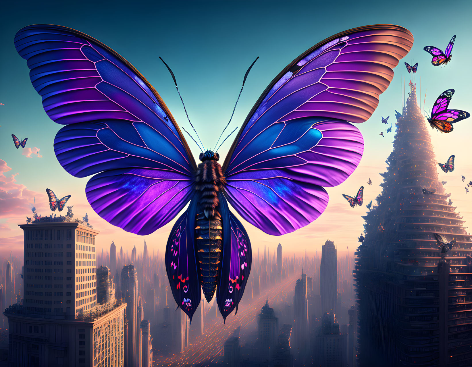 Vibrant Purple Butterfly Over Futuristic Cityscape at Sunset