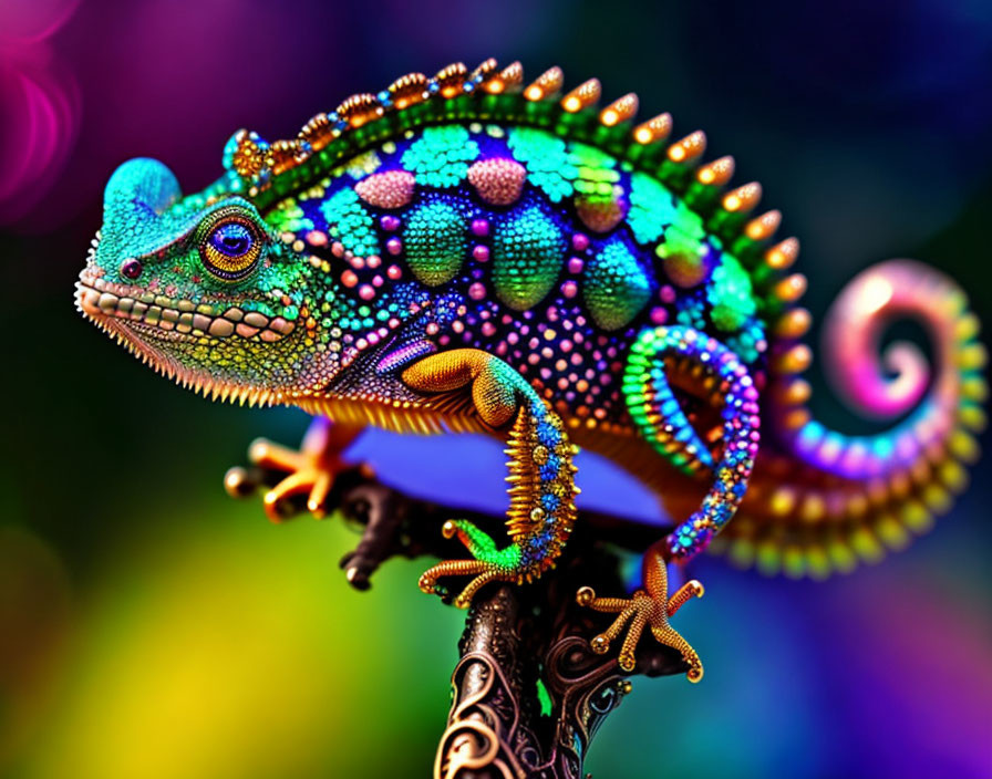 Colorful Chameleon with Blue, Green, and Magenta Hues on Branch