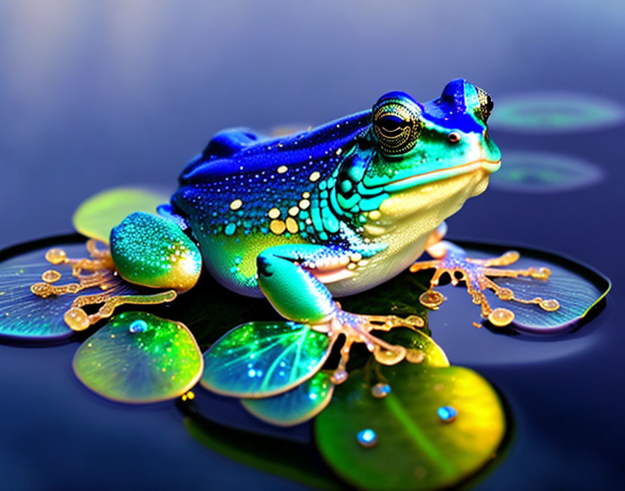 Colorful Frog on Lily Pads with Water Droplets