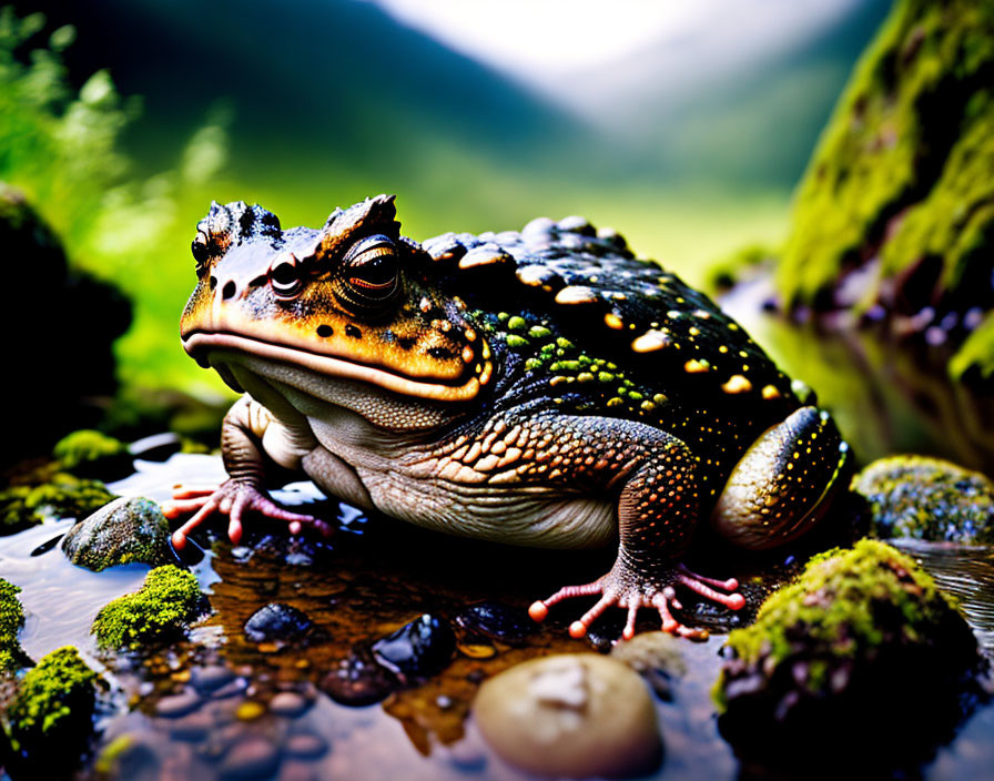 Colorful Textured Toad Among Moss-Covered Rocks in Green Environment