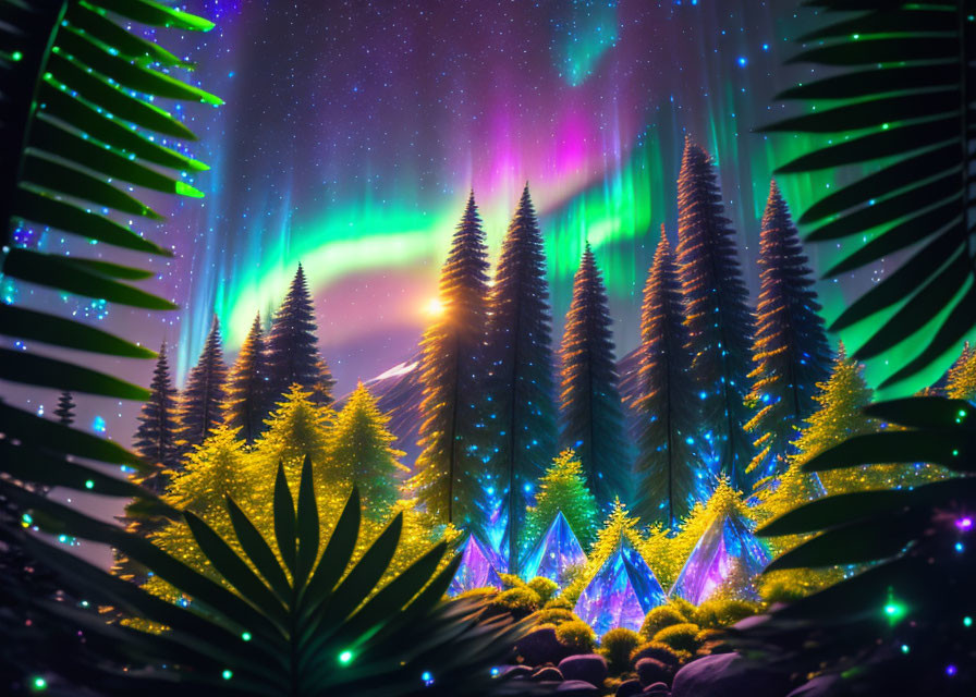 Mystical forest with glowing trees under vibrant aurora borealis