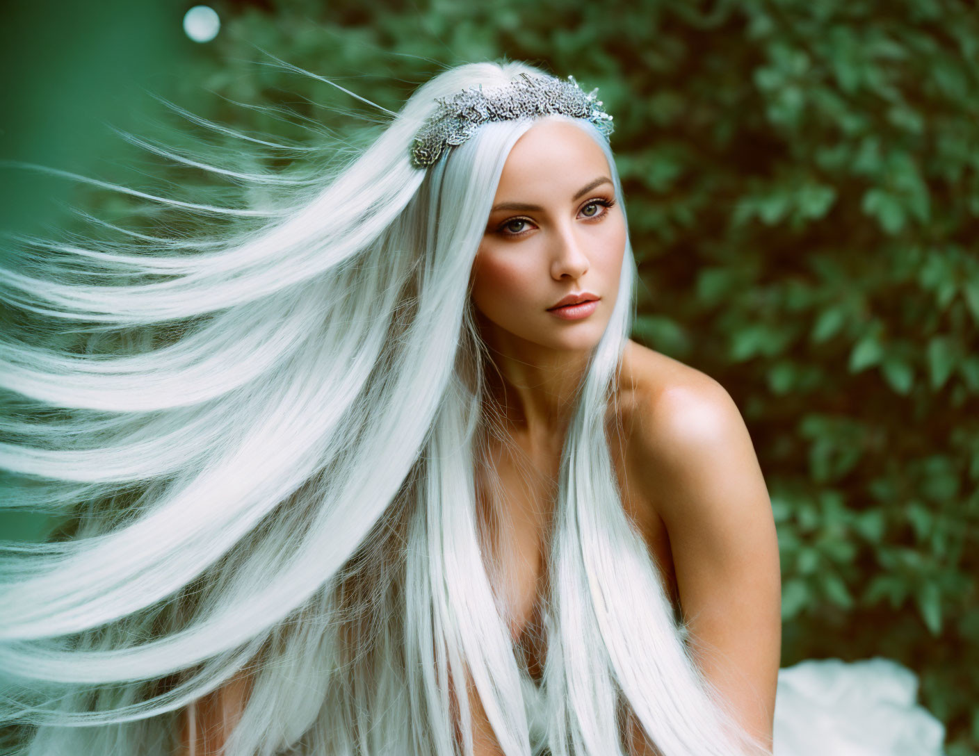 Silver-haired woman with decorative headpiece in front of green background