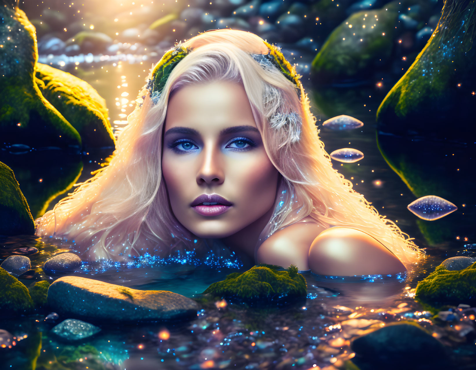 Blond woman with blue eyes emerges from water among glowing stones and moss-covered rocks