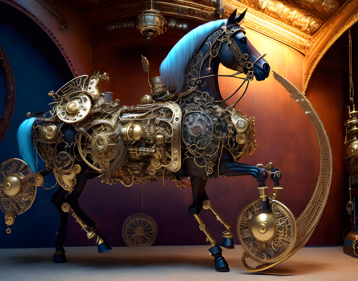 Intricately designed steampunk mechanical horse in vintage-themed room