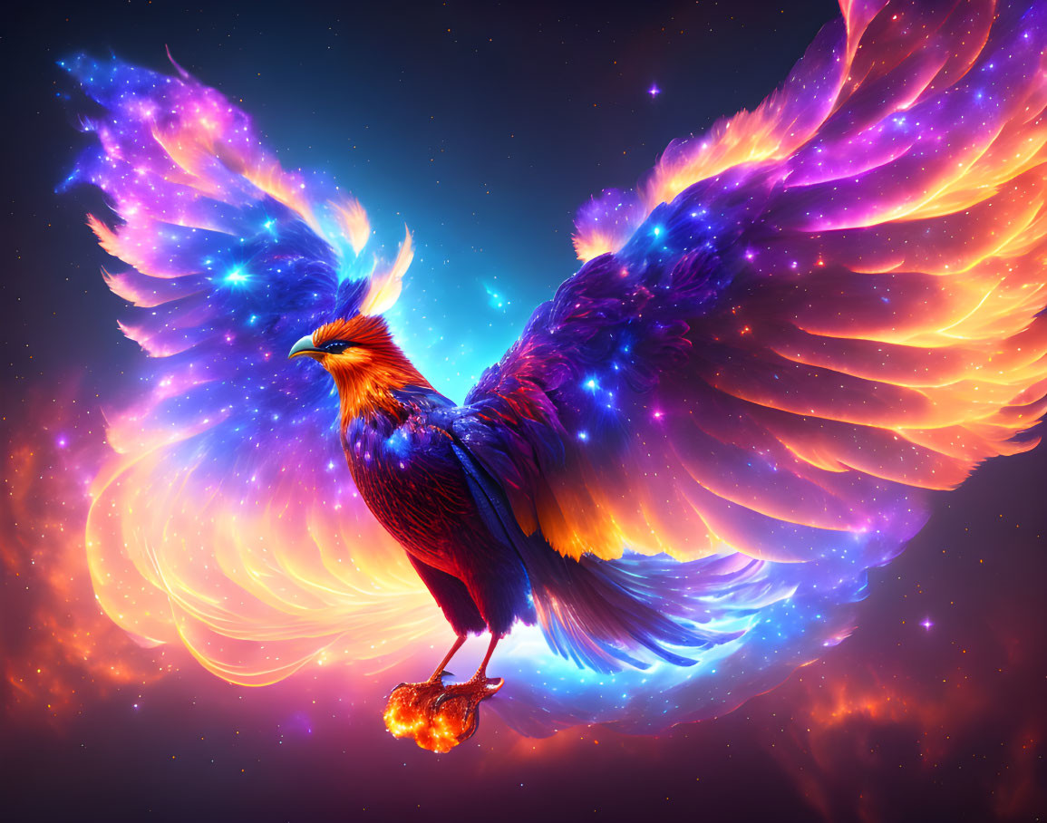 Majestic multicolored phoenix against cosmic backdrop