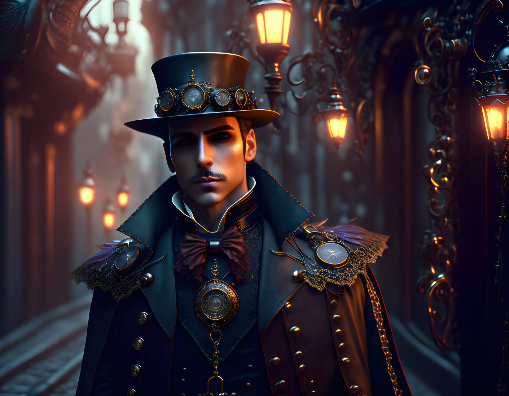 Steampunk-themed 3D rendering of man in top hat and goggles in ornate urban setting