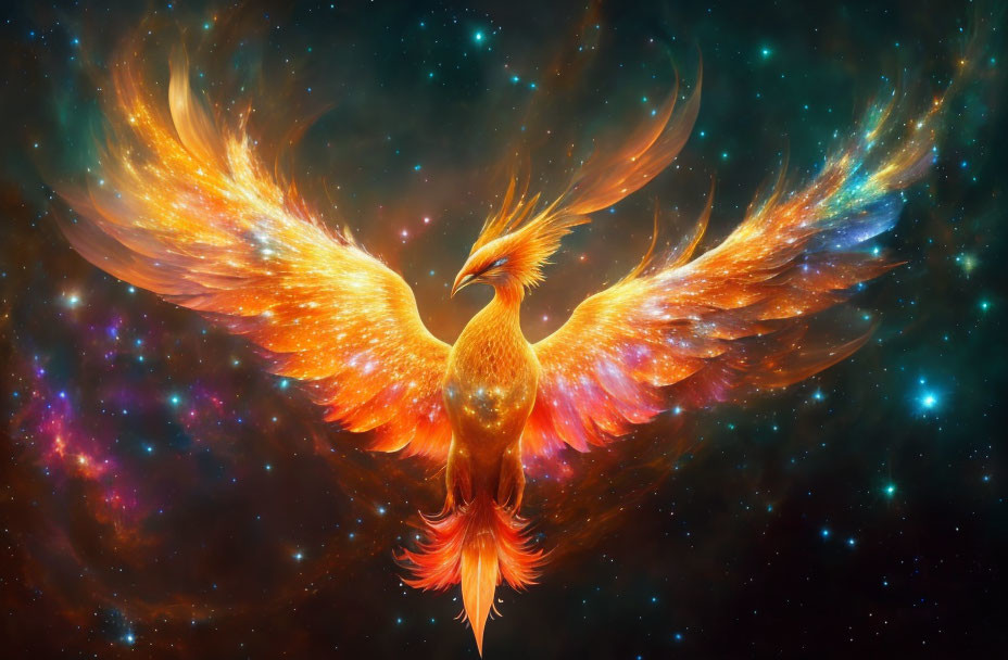 Colorful Phoenix with Fiery Wings in Cosmic Starfield