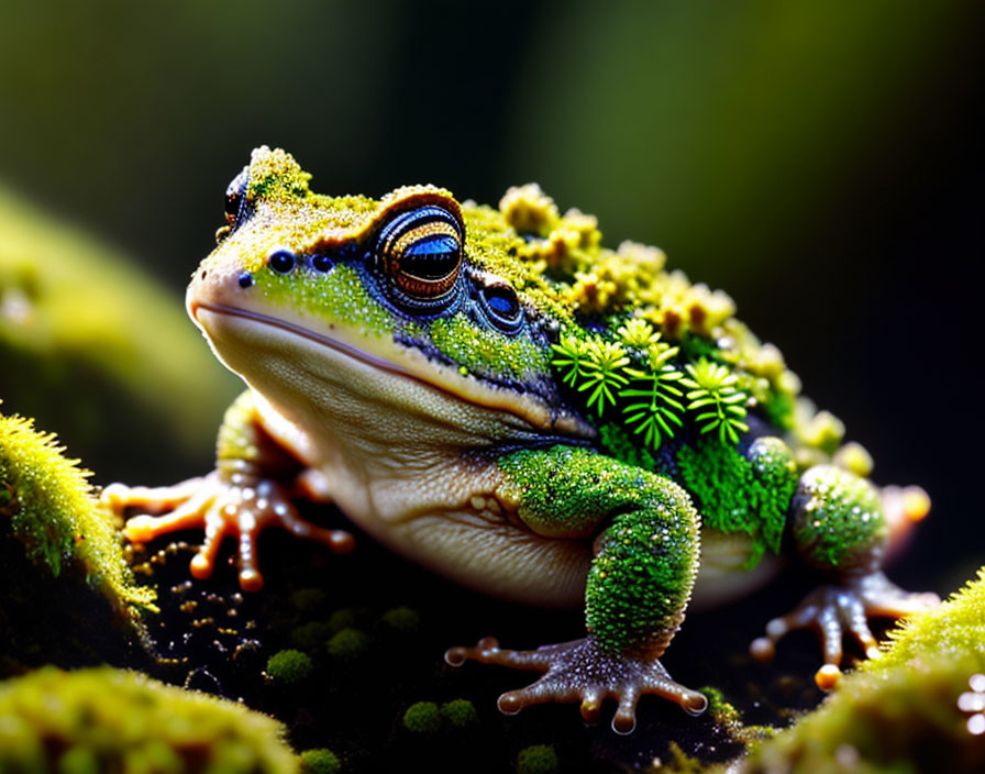 Colorful Frog with Green and Yellow Patterns in Mossy Vegetation