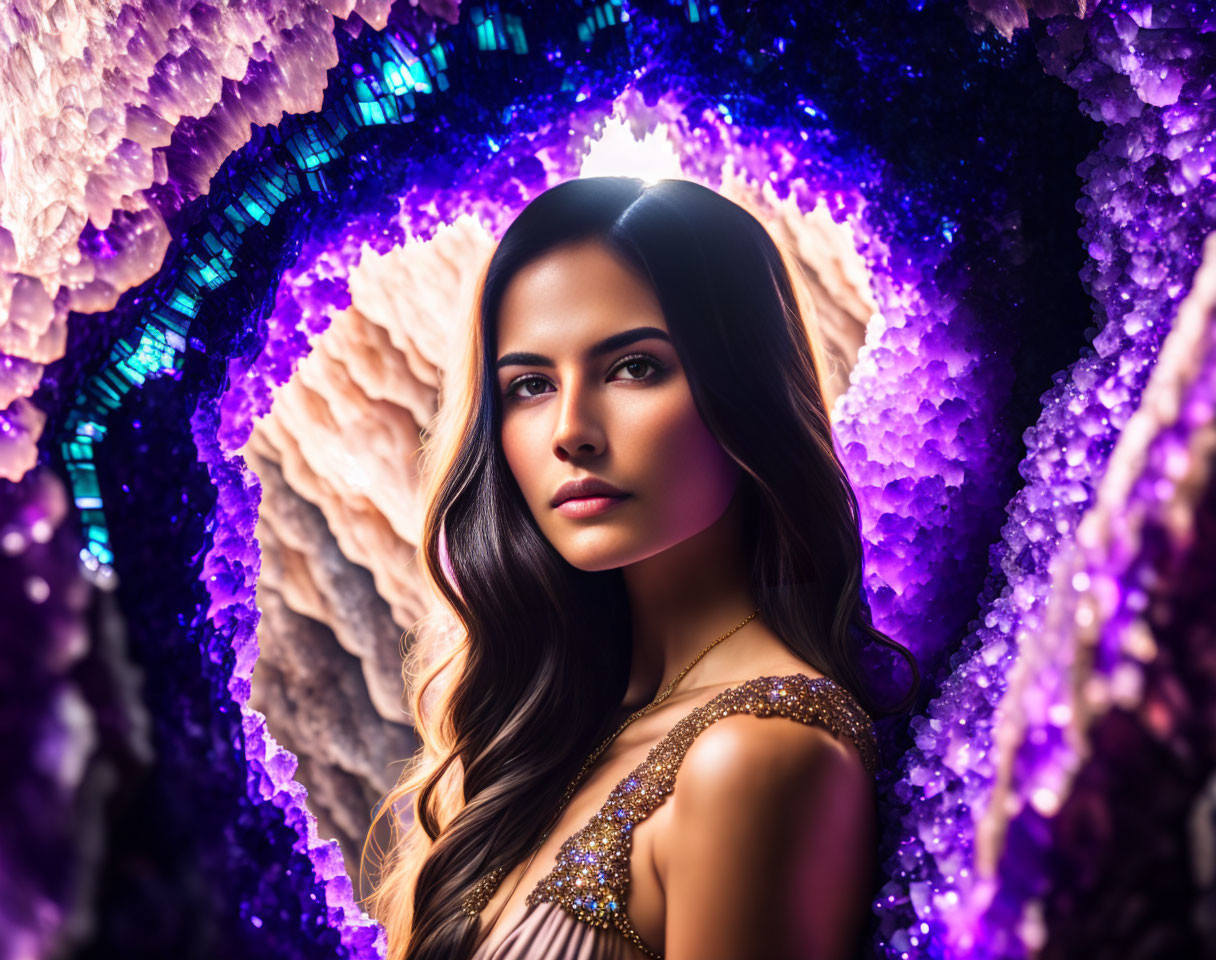 Woman in Glittery Dress Surrounded by Amethyst Geode Cave