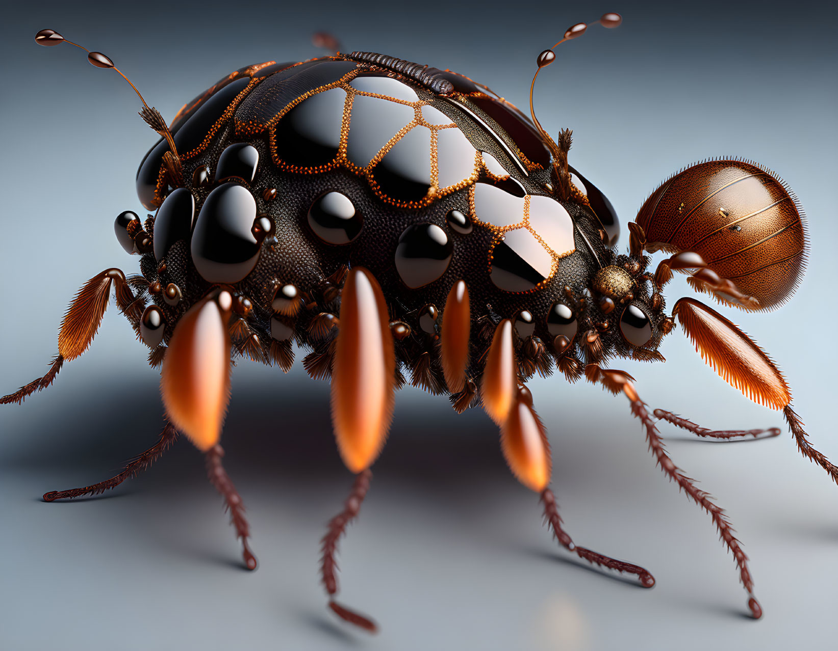 Detailed 3D rendering of stylized metallic ladybug on gradient background