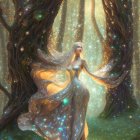 Ethereal woman in radiant gown surrounded by light and stardust in enchanted forest