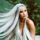 Silver-haired woman with decorative headpiece in front of green background