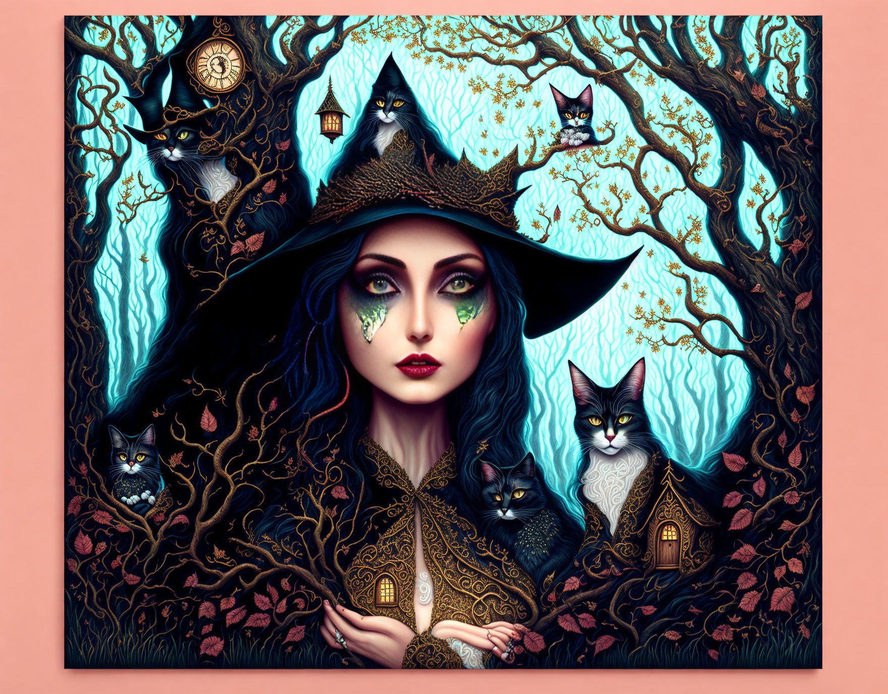 Mystical witch with green eyes in enchanted forest illustration