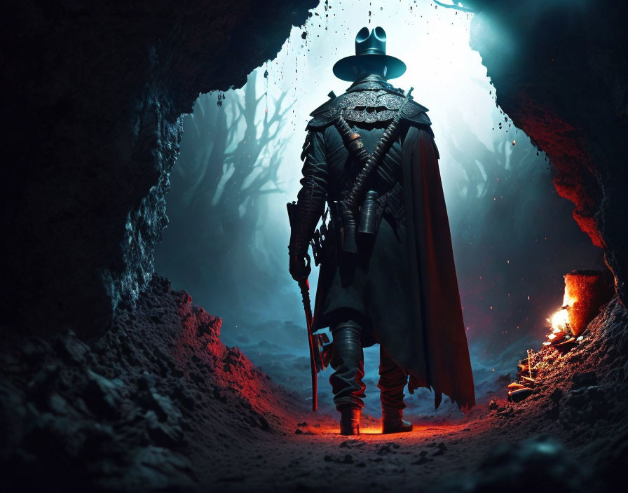 Figure in wide-brimmed hat and armor with sword in dimly lit cave