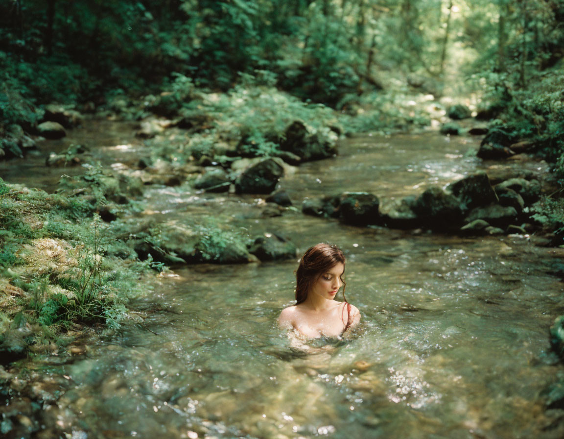 Person in Forest Stream Surrounded by Lush Greenery