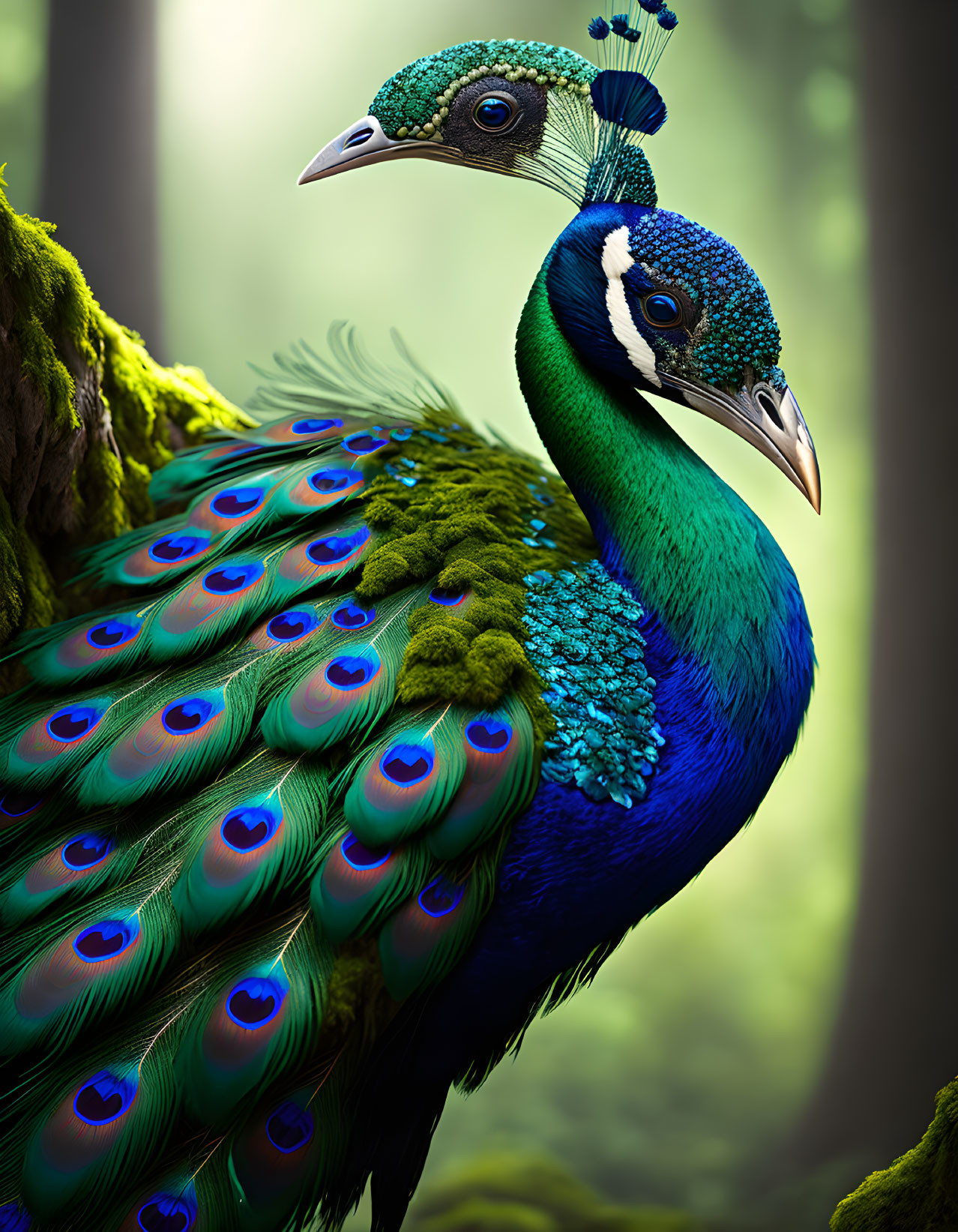 Colorful Peacock with Blue and Green Plumage in Forest Setting