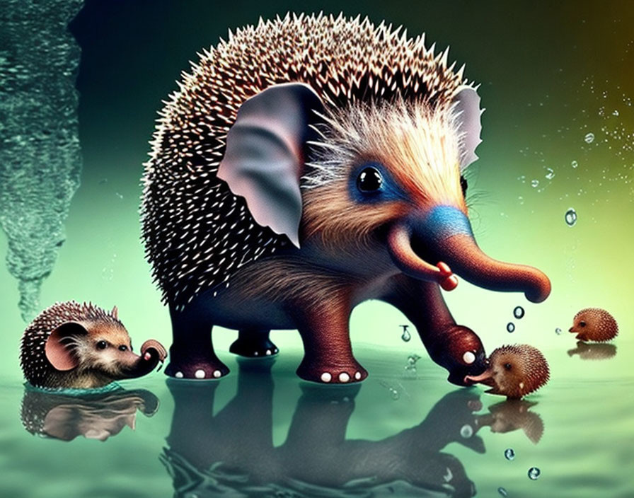 Large hedgehog with elephant features and small companions in whimsical scene.