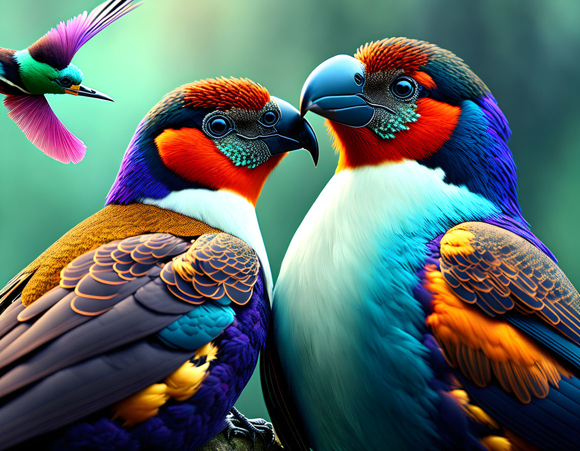 Colorful Birds Facing Each Other with Third Bird in Flight on Green Background