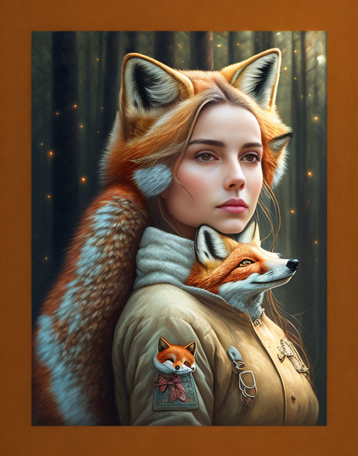 Digital artwork: Woman with fox features in mystical forest with shining particles