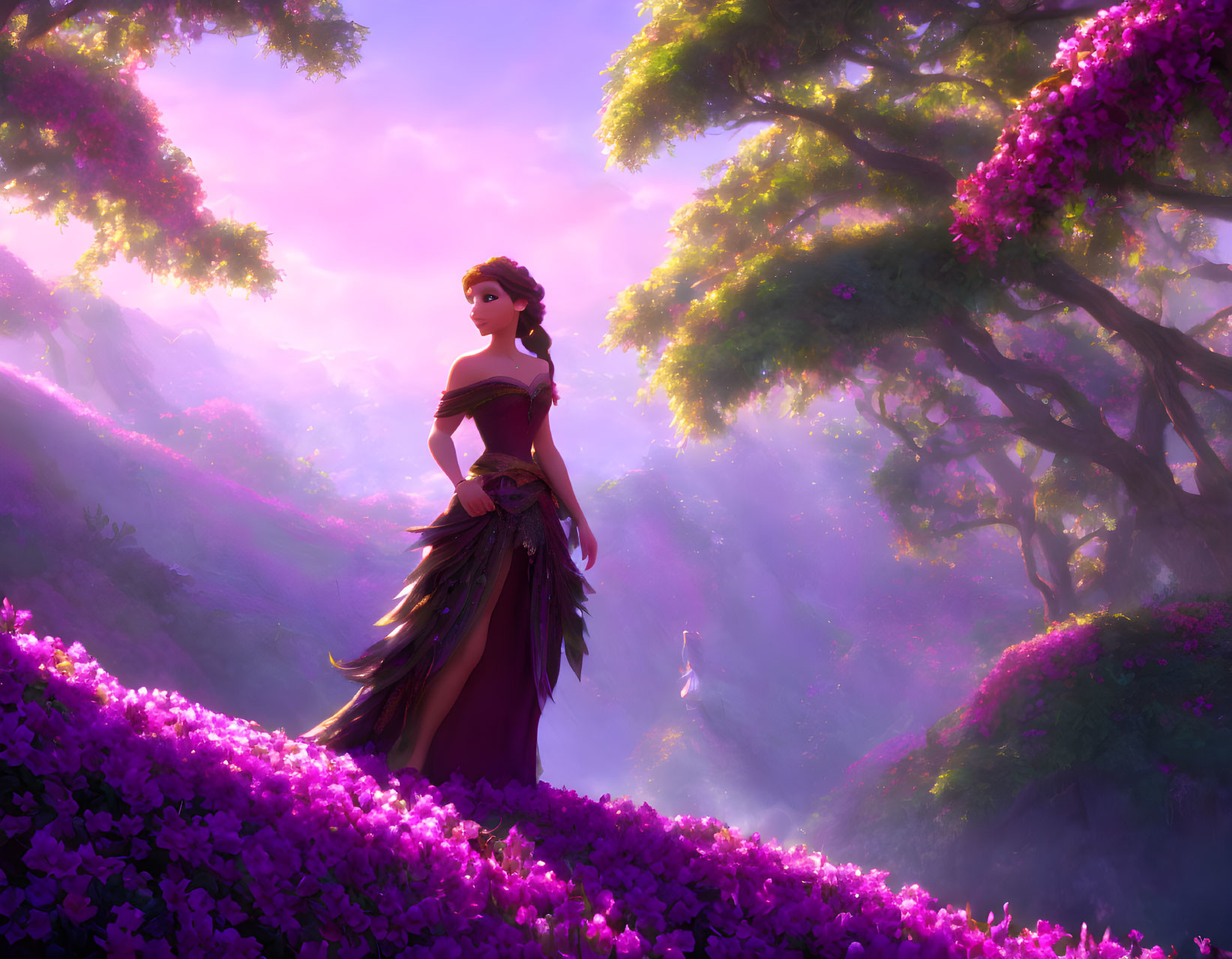 Woman in purple dress in vibrant fantasy landscape with pink trees and purple sky