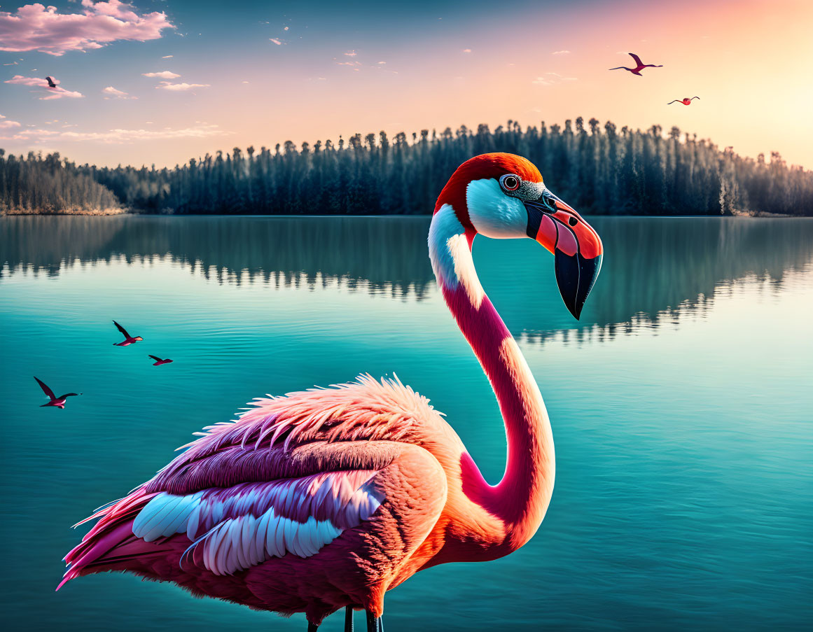 Pink flamingo by tranquil lake at sunset with forest backdrop