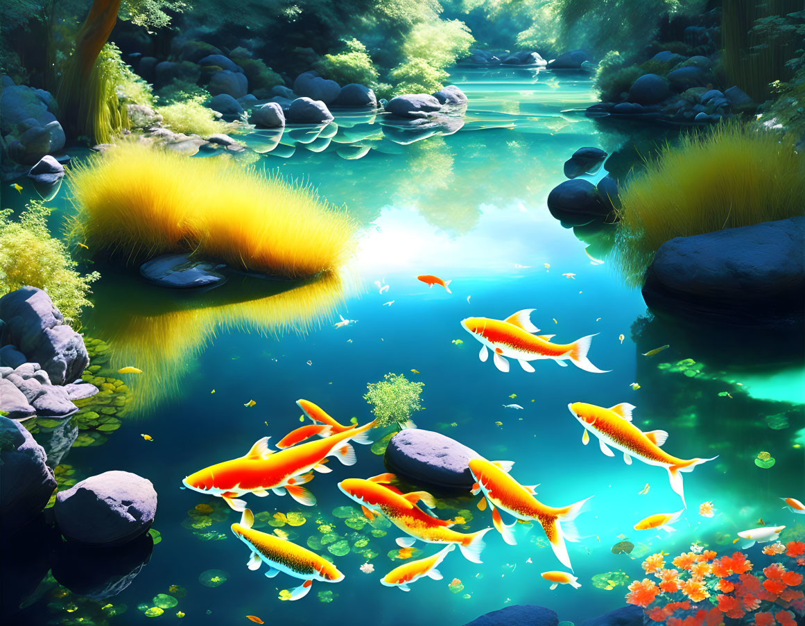 Colorful koi fish in serene pond with lush foliage and blooming flowers