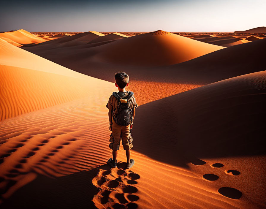 Explorer in Desert Dunes Observing Shadows and Footprints