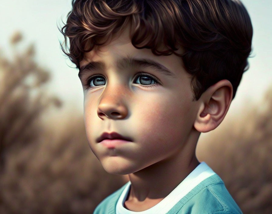 Young boy with curly hair and blue eyes in close-up shot against natural backdrop