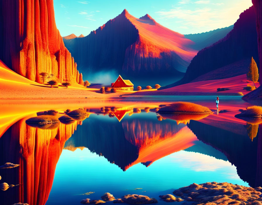 Colorful Mountains and Red House by Reflective Lake at Sunset