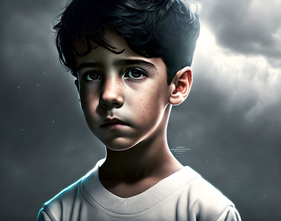 Young boy portrait with curly hair and serious expression against rainy backdrop