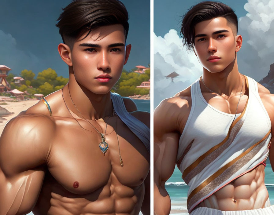 Muscular man in two poses, shirtless and in tank top, digital art with beach background