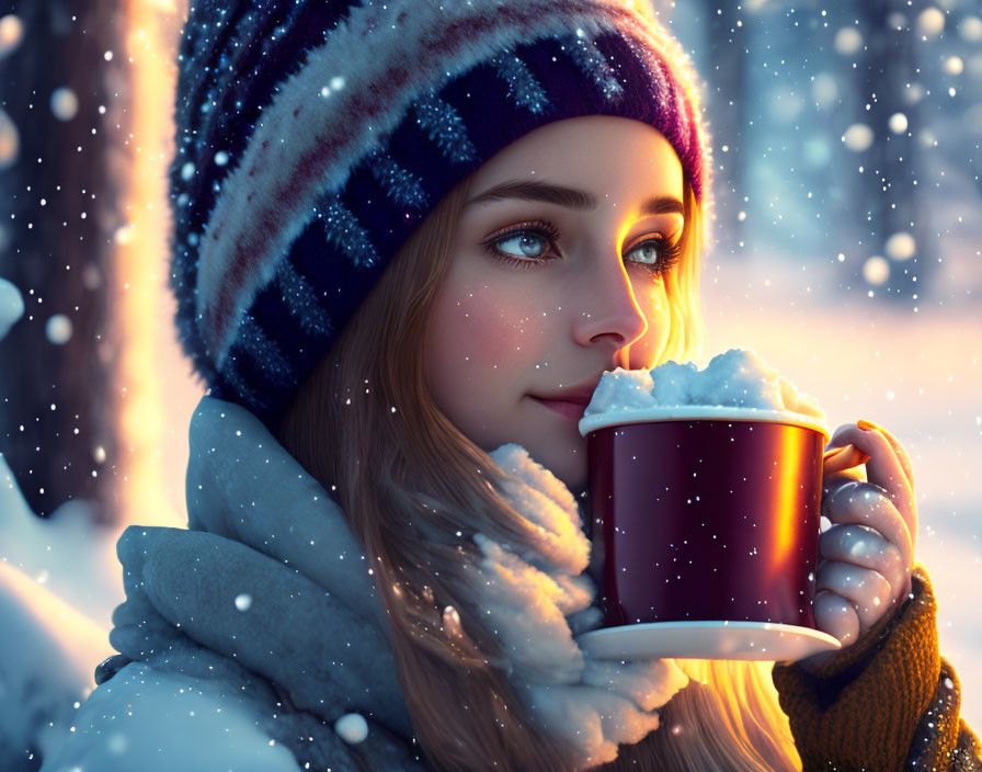 Woman in winter clothing enjoying hot drink in snowfall