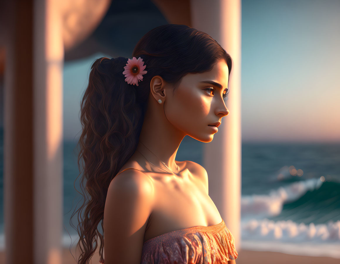 Digital artwork: Young woman with flower in hair gazes at sea from balcony at sunset