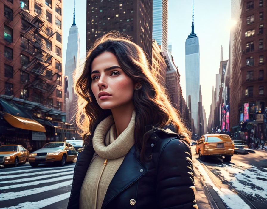 Woman with wavy hair on city street at sunset with skyscrapers and yellow taxis