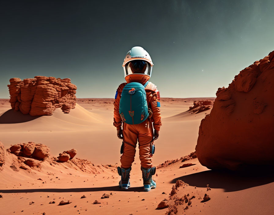 Astronaut on rocky Mars-like terrain under reddish sky