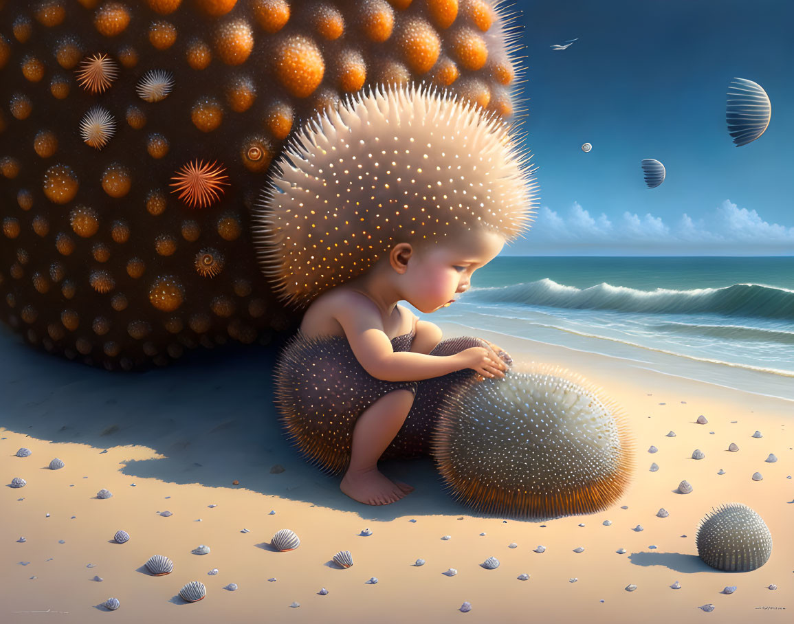 Surreal beach scene with child resembling sea urchin and textured spheres