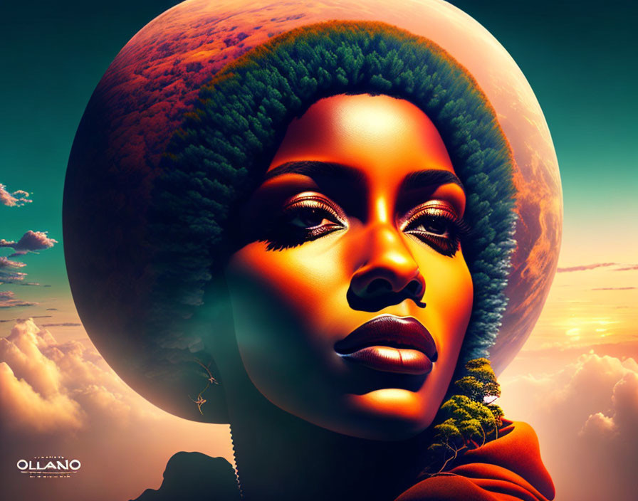 Surreal illustration of woman with African features in moonlit mountain landscape