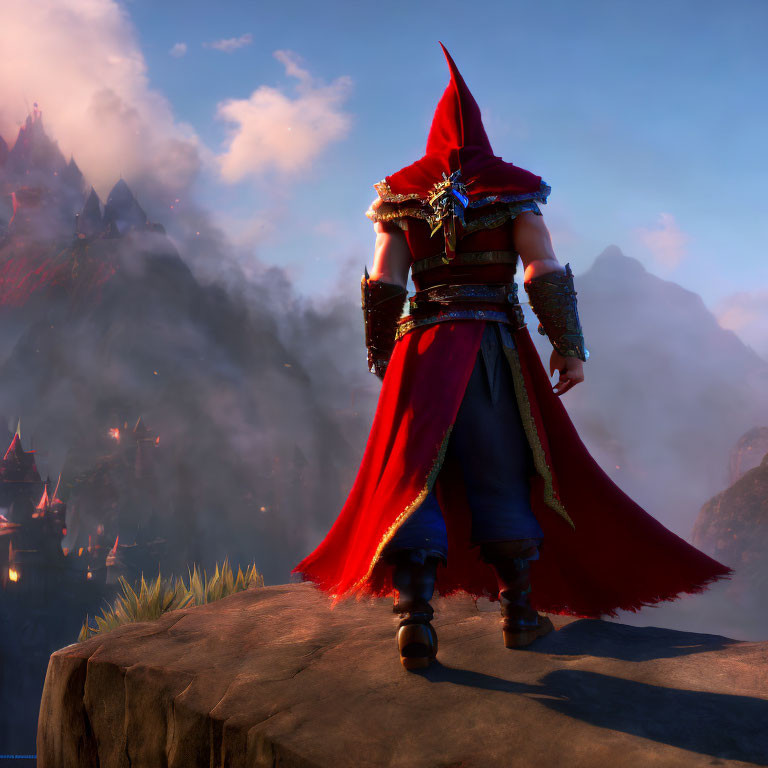 Cloaked figure on cliff with ornate armor and red cape overlooking misty mountains.