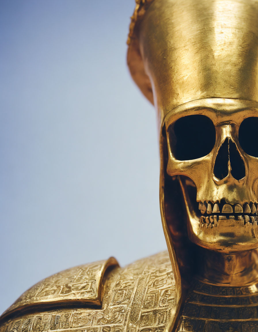 Intricate Golden Skull Mask on Blue Background