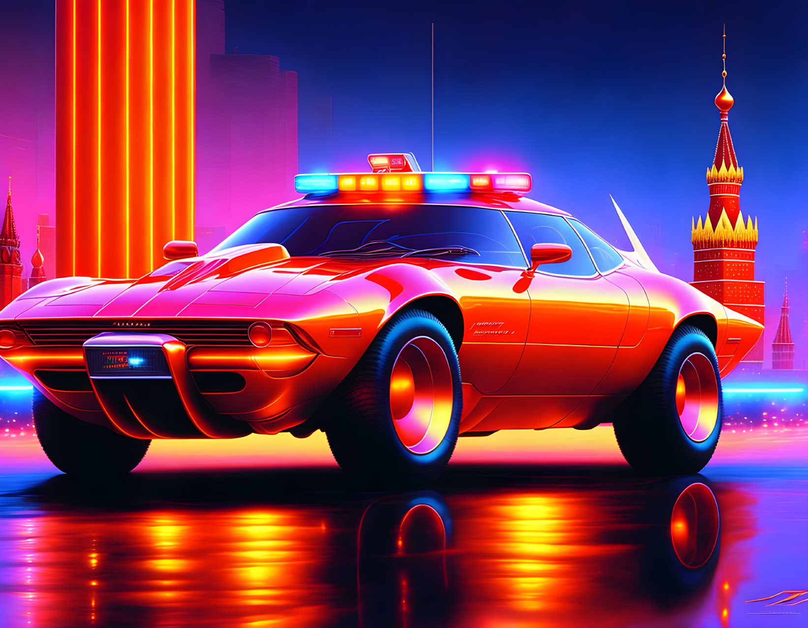 Vintage muscle car with police lights in futuristic cityscape.