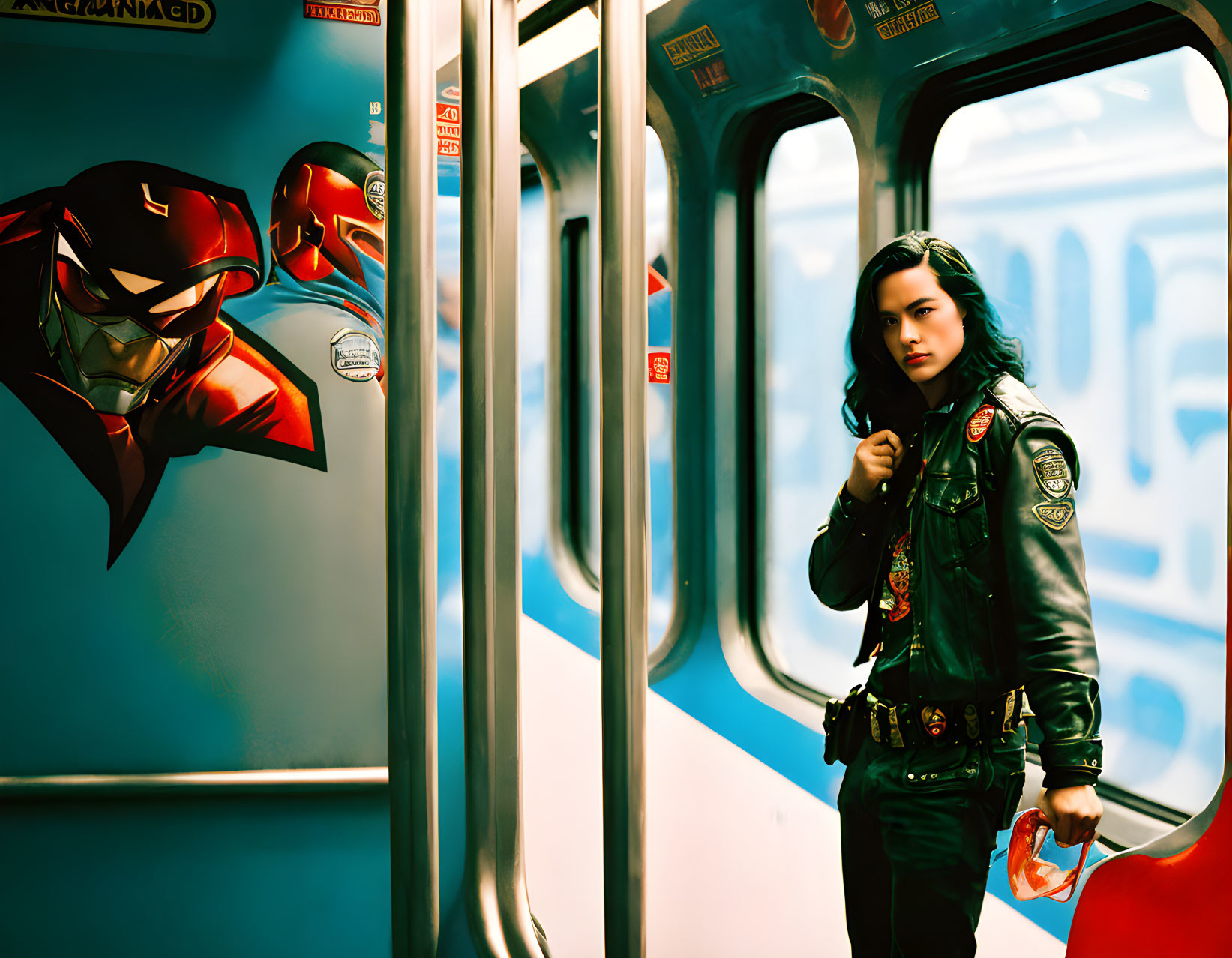 Person in Leather Jacket Inside Subway Car with Superhero Decals Holding Red Helmet