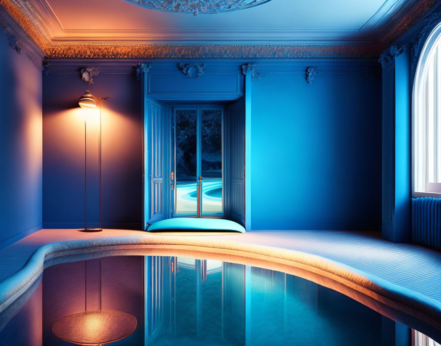 Indoor Pool Room with Blue Illumination and Reflective Water