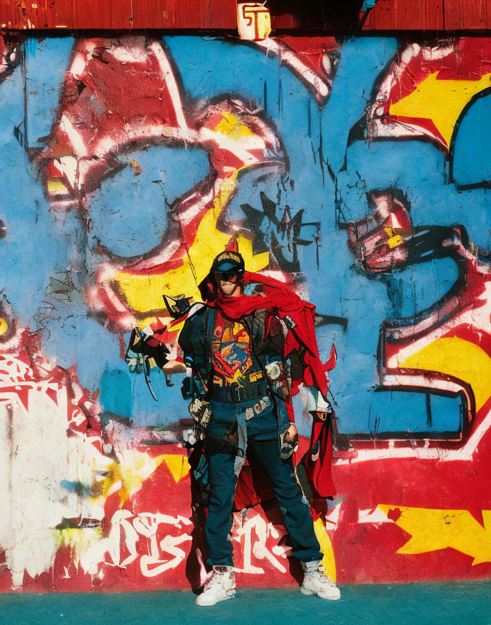 Vibrant streetwear fashion against colorful graffiti wall