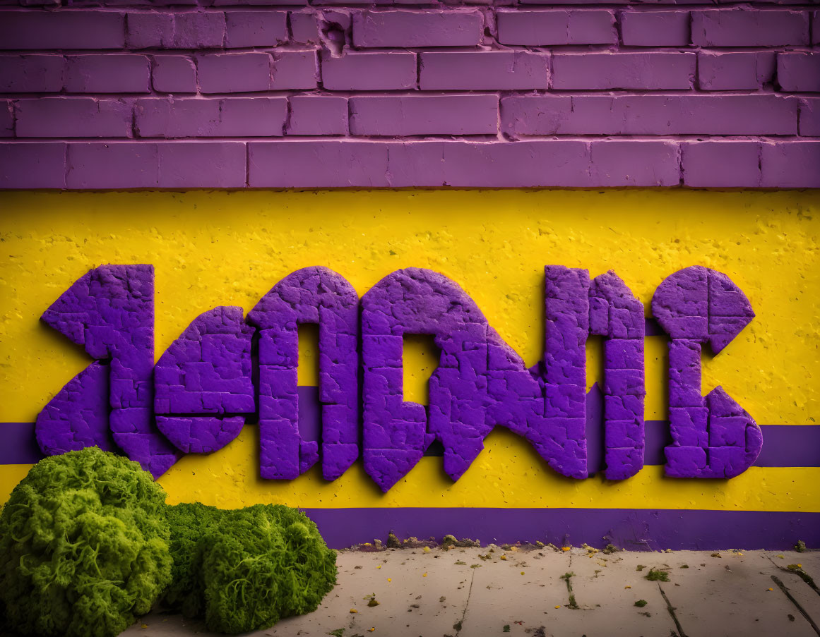 Purple 3D graffiti spelling "LOVE" on yellow wall with green foliage, purple bricks backdrop