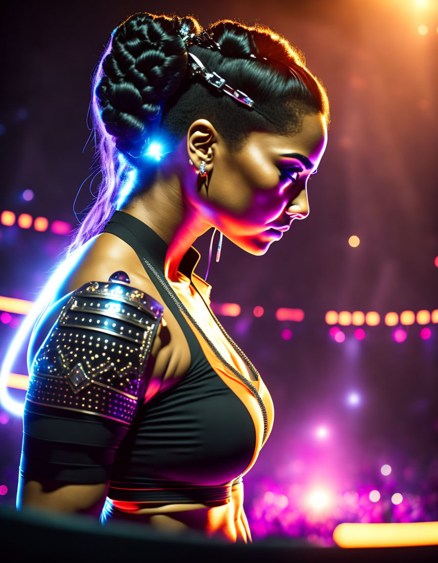 Futuristic woman with braided hair in neon-lit environment