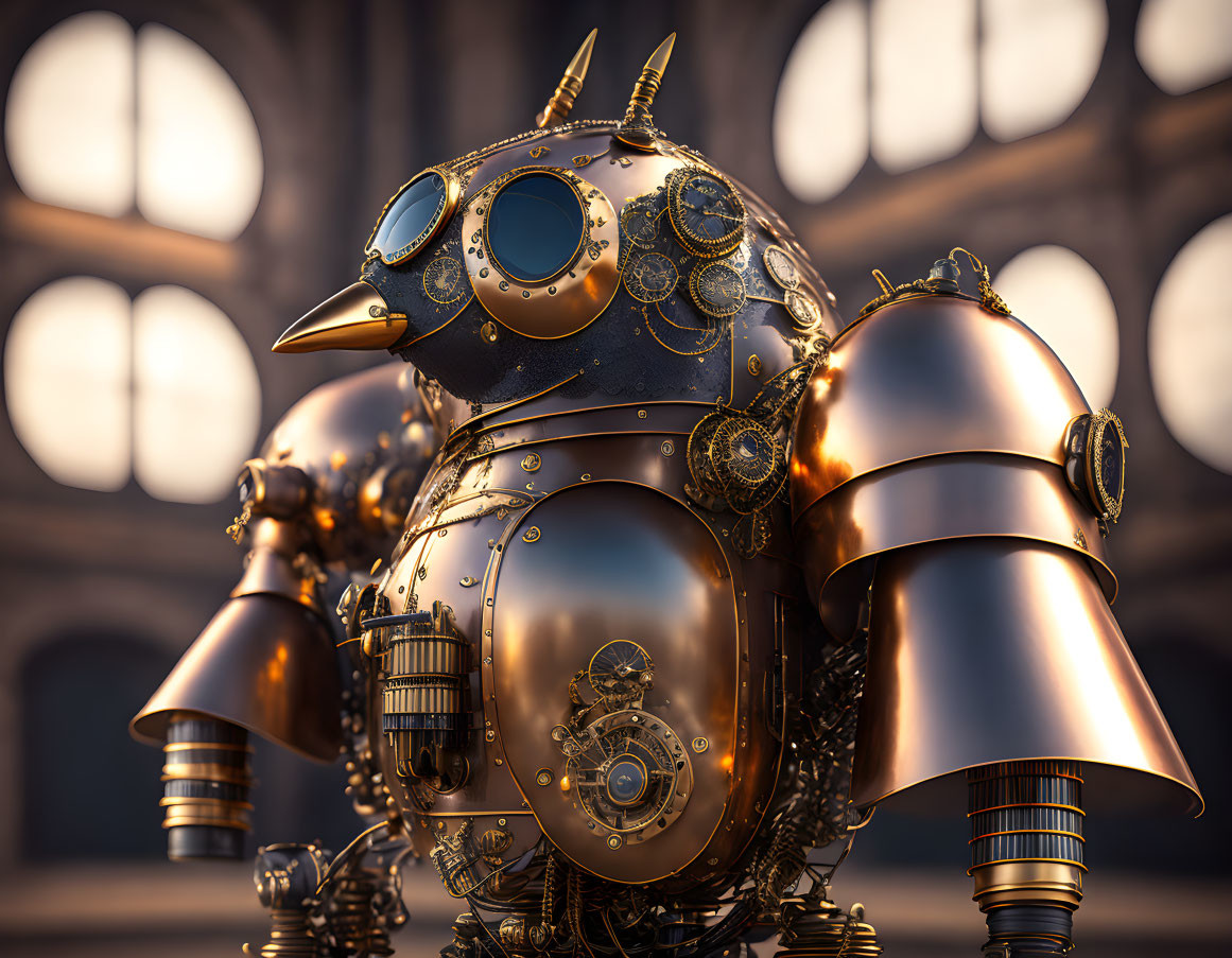 Steampunk Mechanical Owl with Gears in Industrial Setting